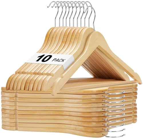 HOUSE DAY Wooden Hangers 10 Pack, Solid Wood Hanger with Non Slip Pant Bar, Heavy Duty Wooden Coat Hanger for Closet, Smooth Finish Wood Clothes Hangers for Shirts, Suits, Jackets, Dress, Natural