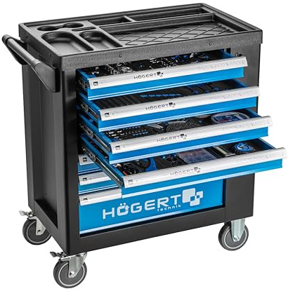 Högert Technik Werkzeugschrank mit 7 Schubladen mit Werkzeug 544 Stück I Abschließbare Schränke I Lenkung Gummiräder mit Bremse I Robust und Langlebig I HT7G050, One Size