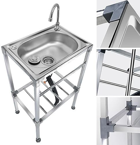 ZJIEX ILOOXI Spültisch Edelstahl Einzelbecken, Freistehende Spülbecken Küchenspüle, Verpflegung Kommerziell Spüle, Für Außenbereich, Wäscherei, Hinterhof, Garage(Hot Cold Tap,42x37cm/16.5x14.5in)