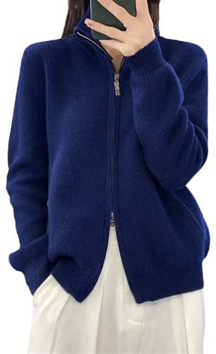 Alloaone Kvinnors tröja med dragkedja kofta i Cashmere ull stickad långärmad tröja, Blå, one size