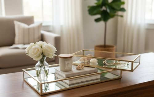 Deenz Set Of 2 Gold Metal Tray Decorative Glass Metal Perfume Vanity Dresser Jewellery Cosmetics Organiser Candle Tealight Plate Display Drinks Tray
