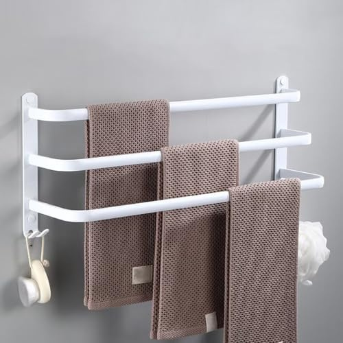 nvdsivee Handtuchhalter Ohne Bohren Weiß Handtuchstange Wand zum Kleben für Bad Küche Badetuchhalter Aluminium mit 2 Haken Handtuchablage Weiß 3 Schichten 60cm