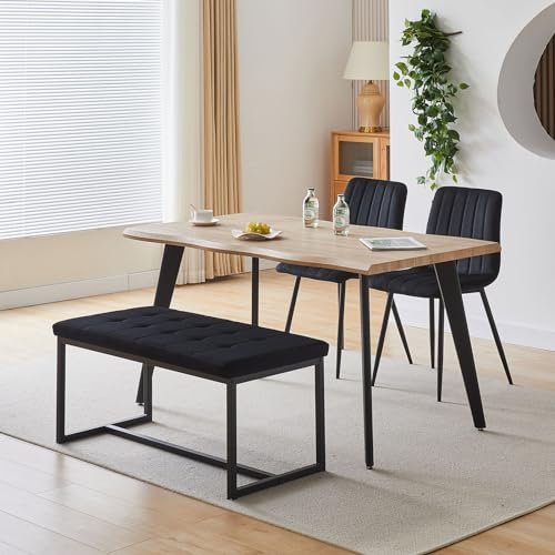 CLIPOP Esstisch mit 2 Stühlen und Sitzbank Set,140 cm Küchentisch Holztisch mit Samt Gepolsterter Esszimmerstühle Esszimmerbank Moderner Essgruppen,Eiche + Schwarz (Stil 1)