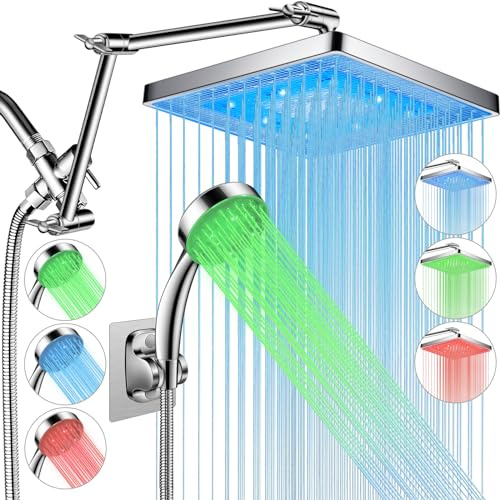 PinWin LED Shower Head, 8'' Large LED Rainfall Shower Head with 16'' Adjustable Upgraded Extension Arm,High Pressure Handheld Spray with LED Color Changing Based on Water Temperature,Easy Installation