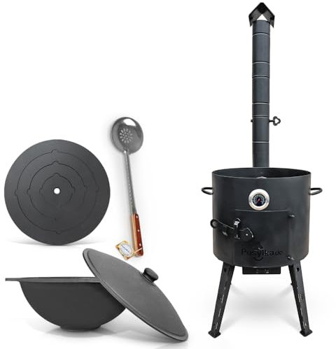 Utschak Uchag - Hornillo de fuego (40 cm de diámetro, 2 mm, acero Kazan, 12 L, base plana con termómetro, espumadera para Plov Учак Учаг Uchag Asia (Set 505)