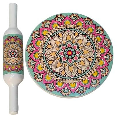 Printed desIgn Marble Chakla/Rolling Board and Wooden Belan/Rolling Pin Without Stand (10 inch) Multicolor || Printed Design