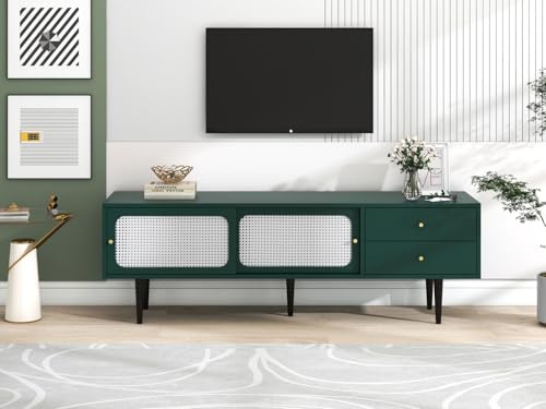 TV-Schrank Niedriger Schrank mit 2 Schubladen, 2 Rattan Schiebetüren und 4 Fächer für die Lagerung, Rustikal, Metallfüße, Mehrzweck-Schrank für Wohnzimmer Esszimmer Schlafzimmer, 160 x 40 x 60 cm Grün