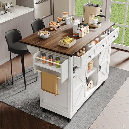 Gelukueub Isola della Cucina, Carrello da Portata Con Piano di Lavoro Estraibile, Su Ruote, Armadio Con Ante e Cassetti (Due Ante+Tre)