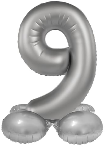 Folat 10599 Zahlen Luftballon Silber Stehender Folienballon Zahl 9 - Moonlight Silver - Satin Gloss - 41 cm - Party Deko Ballon für Kinder Geburtstag Jubiläum, kein Helium erforderlich