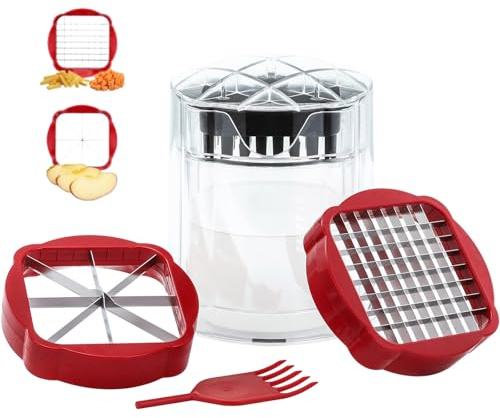 Pommesschneider, Kartoffelschneider mit 3 Klingen Schnellschnitt, 2 in 1 Gemüseschneider Kartoffelpommesschneider Pommesschneider aus Edelstahl für Pommes, Gurken, Karotten, Äpfel, Gemüse und Obst