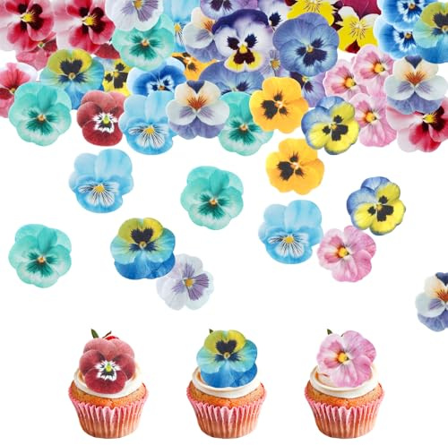 WATUNID 90PCS Edible Flower Cupcake Toppers Pansies Cake Decorations, Colorful Wafer Paper Floral Cake Topper for Birthday Party, Wedding, Anniversary, Theme Party Cake Decor, Food Decoration Supplies