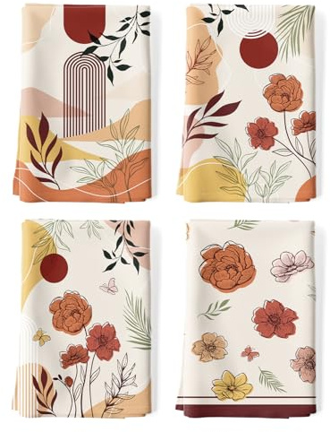 Arquiel Boho Floral Tea Towels 4Pcs 48 × 70 cm, 100% Cotton Soft Kitchen Towel Hand Towels Multiple Uses Quick Dry Dish Cloth for Kitchen, Anniversary,Wedding, Decoration | 100% Cotton Tea Towels Spring Flowers Boho Design Absorbent and easy to clean for drying in the kitchen.