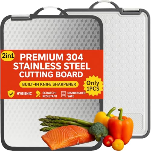Pryzon Tabla de cortar grande de acero inoxidable con afilador de cuchillos integrado, tabla de cortar de doble cara con ranura para jugo, paja de trigo de grado alimenticio, adecuada para carne y