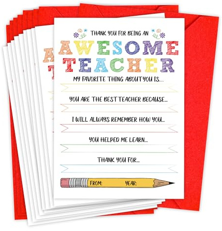 Pack of 10 Thank You Cards for Teacher, Appreciation Fill in the Blank Card with Envelope, Teacher Appreciation Week Gift, Educator Appreciation Coloring Cards, All About My Teacher-JSGXC03