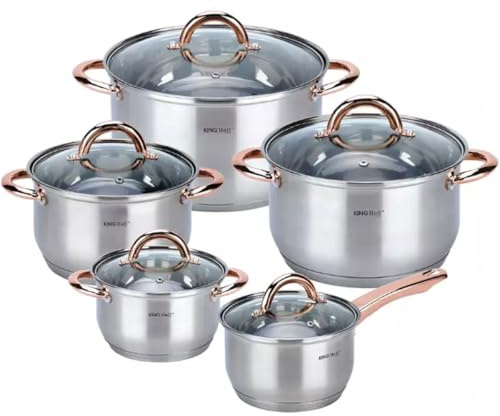 Kinghoff (KH-1764) Lot de 10 casseroles à induction avec couvercle en verre - En acier inoxydable mat - Convient pour tous les types de plaques de cuisson - Passe au lave-vaisselle