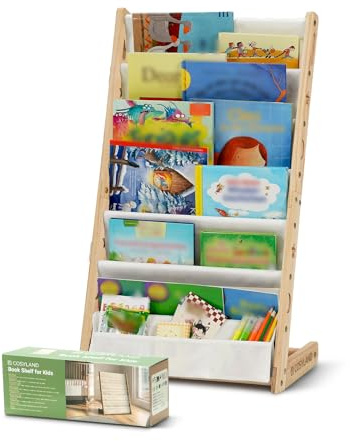 COSYLAND Montessori Bücherregal Kinder Holz - 45cm Montessori Regal mit 6 Oxford-Stoff Fächern - Kinderbücherregal für Kinderzimmer - Bücher Regal für Kinder Baby - Naturholzfarbe