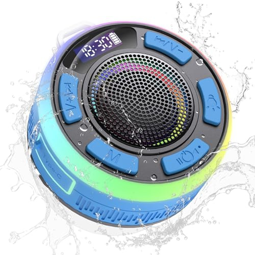 PRSCFUM Cassa Bluetooth Doccia, Cassa Portatile IP7 Impermeabile con Ventosa, 360°Associazione Stereo Altoparlante Bluetooth con Luce LED Colorate, Speaker per Viaggi Doccia Esterno blu