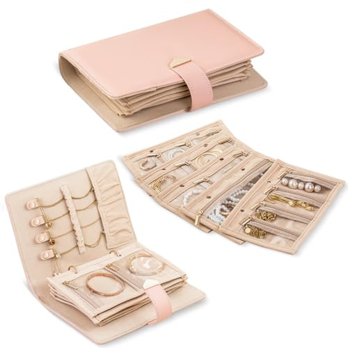 FOXWHALE Schmuckaufbewahrung Reise, Schmuck Organizer für Ringe, Ohrringe, Halsketten, ArmbäNder, Ringbuch-Mechanik Schmucktasche mit 5 Transparenten Schmuckbeuteln und 1 Kettenaufbewahrung, Rosa