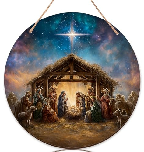 Cartello di benvenuto per la porta d'ingresso, per Natale, religioso, stalla natalizia, in legno, blu, da appendere alla porta, decorazione per esterni, set di 1
