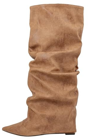 Knähöga stövlar dam med klack, breda stövlar dam vikbar över vinterstövlar varma långa stövlar spets slip-stövlar bekväma damstövlar slouchy mellanrör stövlar enfärgade stövlar