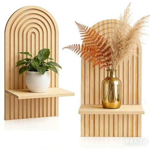 SHINWHEN Natürliches Boho Wandregal aus Massivholz für Pflanzen, Bilder & Deko, Wand Regale Klein Pflanzregal für Wohnzimmer, Schlafzimmer & Kinderzimmer (Natur)