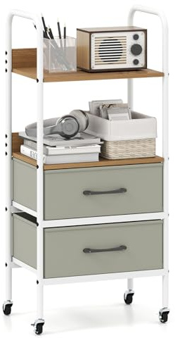 COSTWAY Rullvagn med 2 Tyglådor och Hyllor, Rullcontainer med 4 Hjul och Metallram, Smal Lådsvagn och Serveringsvagn för Hem och Kontor, 30 x 43,5 x 96 cm