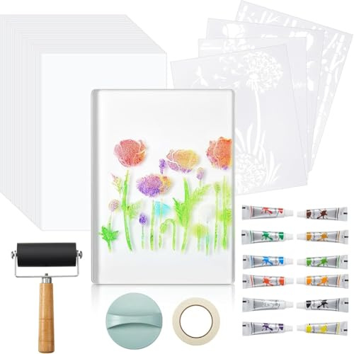 Buhdjfnke Set Completo di Monoprinting 12 X 14 Pollici, Kit con Piastra di Stampa In Gel, Rullo, Acrilica, Carta e Strumenti per la Classe D'Arte.