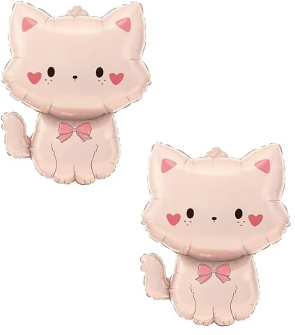 Gleemix Katzen Deko Folienballon Set, 2 Stück Luftballon Katze mit Schleife | Helium Luftballons Tiere, Folienballons Katze, Rosa Katzen Ballon für Katzenparty Kindergeburtstag