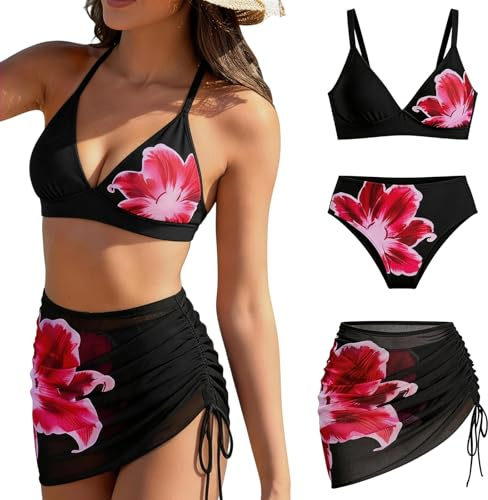 Womens Swim Suits Black, 3 Piece Bikini Set Tummy Control Swimsuits High Waisted Bathing Suit with Sheer Cover Up Swimwear