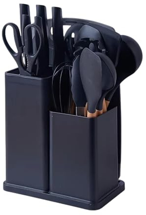 19 PCS Silicone Cooking Utensils Set with Wooden Handle, Heat-Resistant Non Stick Kitchen Utensils Set for Baking, Mixing and Serving, Essentials Kitchen Tools for New Homes and Gifts (Black)