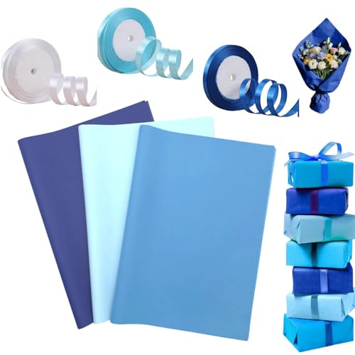 60 Ark Ljusblå Silkespapper Bulk,50 X 35 Cm Presentpapper Blå Med Satinband Blå, Gör-Det-Själv Presentpapper För Förpackning Av Födelsedagspresentpapper, Bröllop,Semesterpapper,Blomma