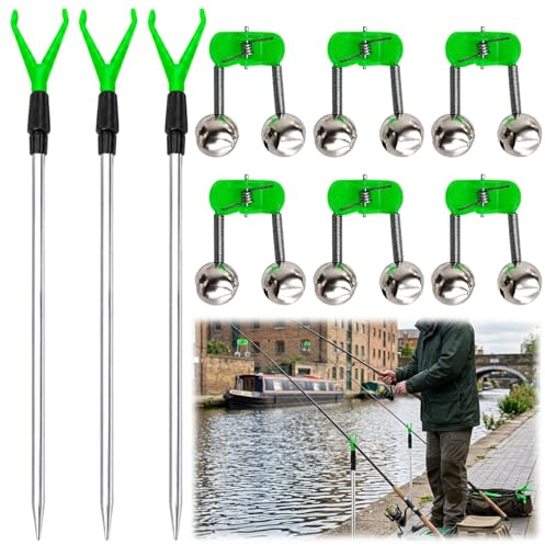9Pcs Fishing Rod Stand, Adjustable Bank Fishing Gear for Uneven Terrain, Portable Rod Holder with Six Alert Bells, Set of Three Rod Rests and Six Fishing Bells for Secure Rod Storage and Easy Transpor