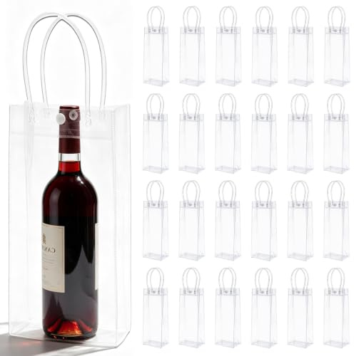 24 stycken genomskinliga flaskkylare, 10 x 10 x 25 cm flaskkylare ispåse, PVC-ispåse läckagesäker iväska med handtag för kall öl, vin, drycker, fest, utomhus, camping