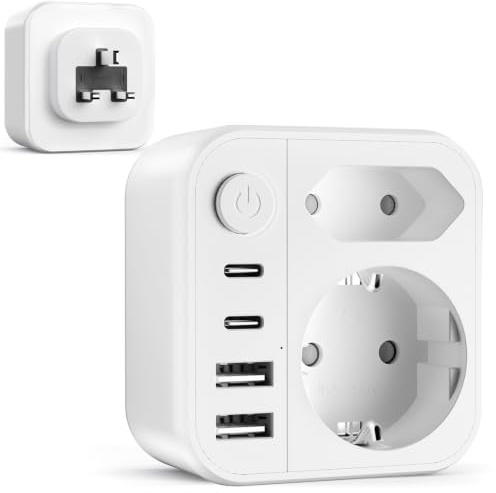Adaptador 6 en 1 de Inglaterra y Alemania, Adaptador portátil del Reino Unido con 2 USB, 2 Tipo C, Adaptador de Viaje de 2 enchufes, Adaptador de Enchufe Schuko a Tipo G para Inglaterra, Malasia