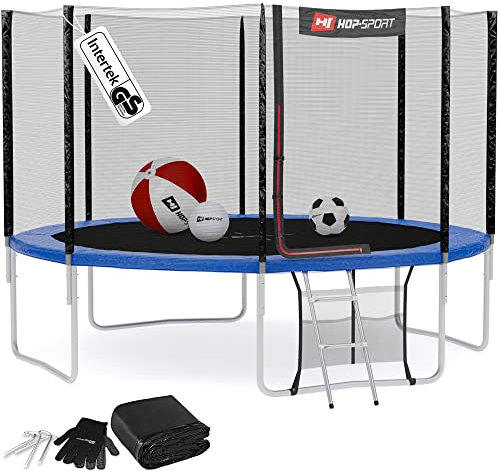 Hop-Sport Trampolin Outdoor Ø 366 cm – Gartentrampolin Komplettset mit stabilen U-Beinen, außenliegendem Netz, Sprungtuch und Leiter sowie Extra-Zubehör, blau