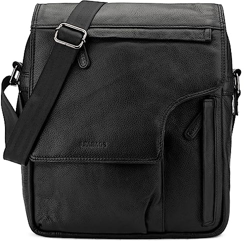 LEABAGS Sac bandoulière pour hommes et femmes | Sac ordinateur portable en cuir véritable 13 | Sac messager avec bandoulière | Sac à main | Sac de travail | Sac de transport | Nappa noir