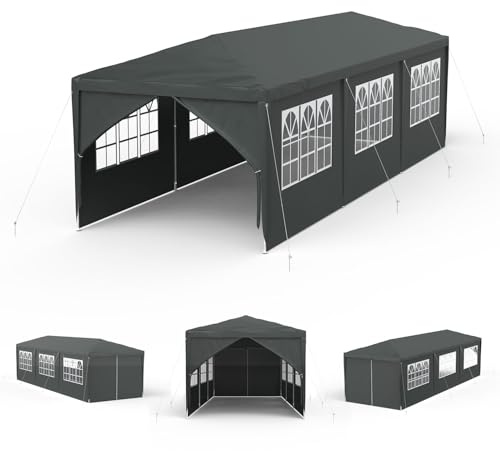 Aufun paviljong vattentät 3 x 9 m mörkgrå trädgårdspaviljong med 8 sidoväggar polyeten öltält dörr med dragkedja för trädgård fest bröllop picknick marknad