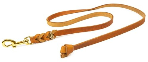 Hundeleine Leder 2m große Hunde – Fettlederleine [ohne Handschlaufe] Lederleine Hund geflochten leicht – Führleine & Trainingsleine aus robustem Rindsleder, Messingkarabiner, Dog Leash 15mm, Cognac