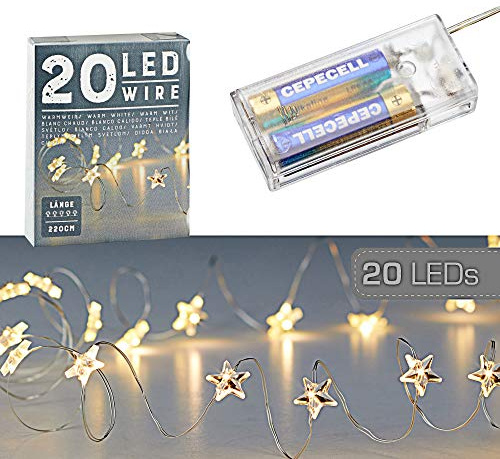 Cepewa Catena luminosa con micro fili, a forma di stella, colore bianco caldo, argento, a batteria, illuminazione natalizia (1 x 20 LED a forma di stella)