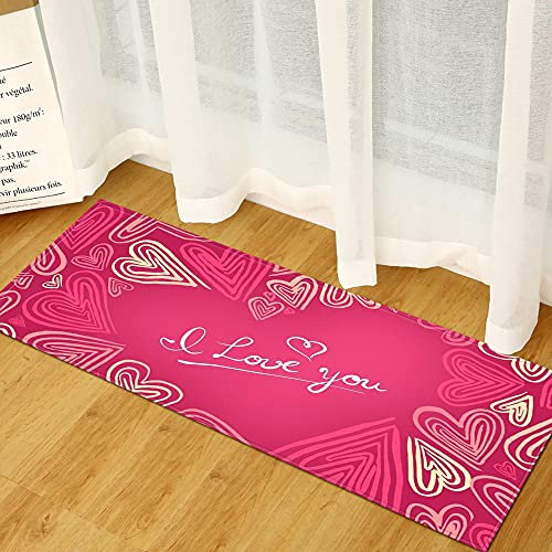&ET Küchenläufer,Läufer Teppich Für Eingangsbereich Rosa Love Rechteckiger Rutschfester Bodenteppich Waschbarer Läufer Für Küche Schlafzimmer Zuhause Dekorativ,60X180Cm (24X71 Zoll)