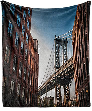 ABAKUHAUS New York Weiche Kuscheldecke Sofadecke, Manhattan-Brücke USA, Gemütlicher Plüsch für den Innen- und Außenbereich, 175 x 230 cm, Blau Rot