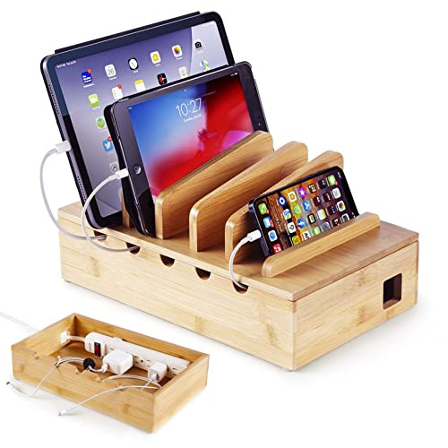 Modern Innovations Bambus-Ladestation für mehrere Geräte (natürlich) Holz-Geräte-Organizer, Schreibtisch-Dockingständer für Handy-Ladegerät, kompatibel mit Apple, Android, iPad, iPhone, Tablet, Laptop