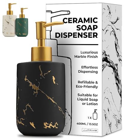 JJ PRIME - Distributeur Savon Douche Céramique 400ML | Distributeur Savon Salle De Bain | Distributeur De Savon Liquide Vaisselle Pompe Savon | Pousse Mousse Savon Main | Distributeur À Savon (Noir)