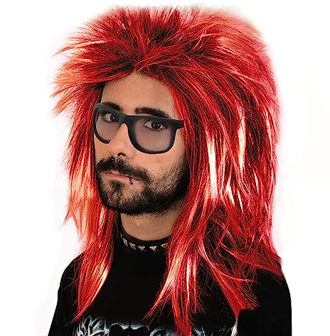 MIVAIUN Perücke Männer Rot Vokuhila 70er 80er Mottoparty Rockstar Bad Taste Party Proll Halloween Kostüm Party Beweig Perücken Party Cosplay Schwarz Rot Perücke Disco Hippie(Rot)