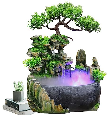 Zimmerbrunnen Feng Shui Brunnen,Mini-Brunnen Luftbefeuchter Mit LED Lichtern und Zerstäuber,Harz Desktop Brunnen Wasserfall mit Deko-Steingarten und Teich Wasserspiel,für Büro und Zuhause,20x15x28CM