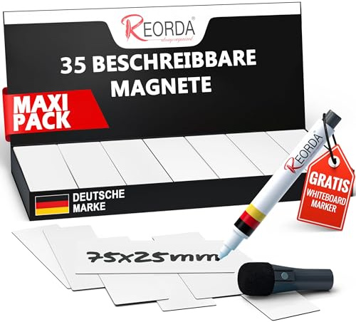 Reorda® Magnetstreifen beschreibbar - 35 Stück - 75x25mm (+ Stift) | Wiederbeschreibbar, beschreibbare Magnete für Whiteboard, Kanban, Magnettafel - beschriftbare Magnete für den Kühlschrank