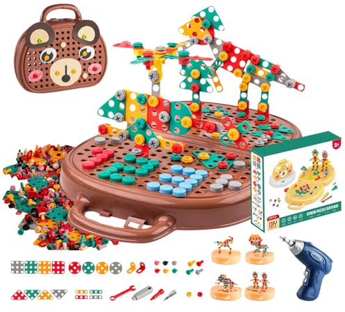 Montessori Werkzeugkasten Kinder Spielzeug Werkzeugkoffer,Kinderwerkzeug Montessori Play Toolbox mit Bohrer,Lernspielzeug Mosaik Puzzle Spielzeug mit Elektrischer Bohrschraube Werkzeug Set (Bär)