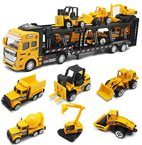 OTONOPI Car Transport Truck Toy Construction Truck Diecast Cars Play Vehicle Set Carrier Trailer Truck with Mini Crane Excavator Digger Dumper Tractor for Kids Pack of 7