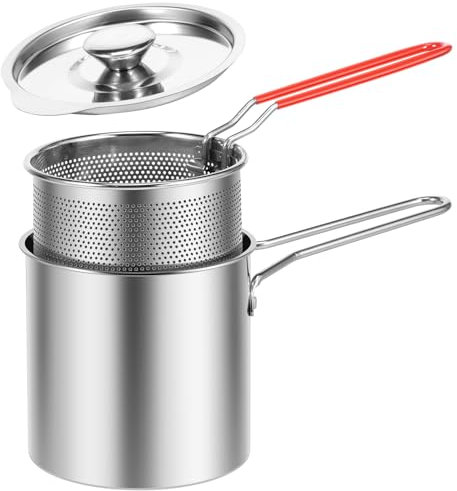 Mini Deep Fryer Pot, Stainless Steel Fry Pot with Strainer Basket and Handle, Multifunctional Small Fat Fryer Pans with Lid for French Fries, Chicken Wings, Shrimp, Chips, Chicken Chops