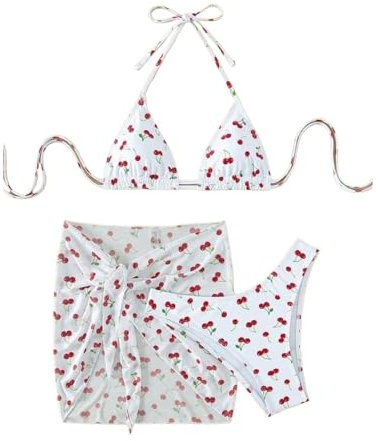 YJKJHAIG Frauen Chic Kirsche Druck Bikini-Sets Dreiteilig Mit Mesh-Rock Badeanzug Bademode Badeanzug Strand Outfits(Color:Style2,Size:S)